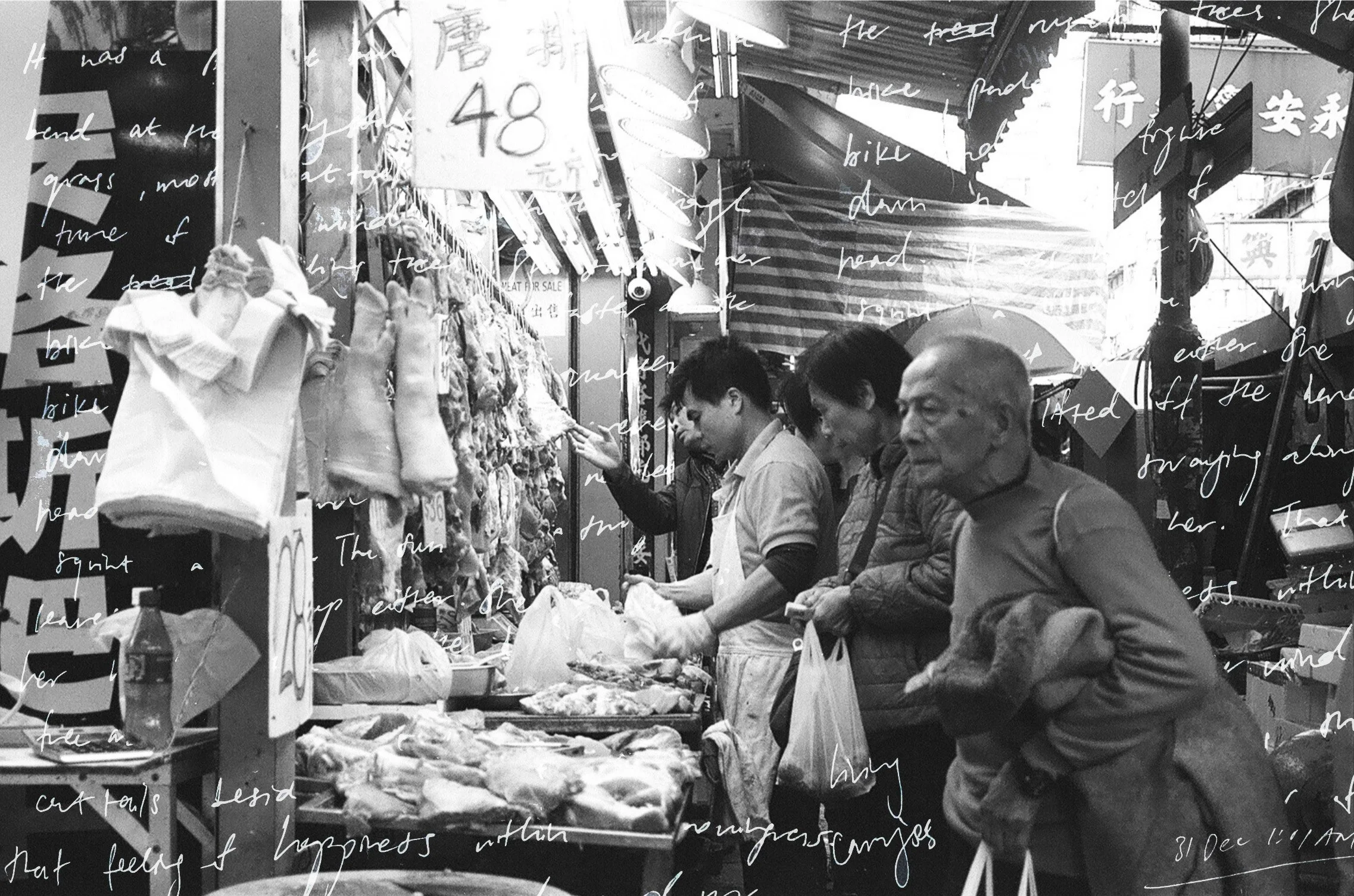 Black and white photo of a busy street market with vendors selling meat and other items. Several people are browsing and shopping, with some holding bags. The scene is covered with umbrellas and shop signs, with handwritten cursive text overlaying the image.