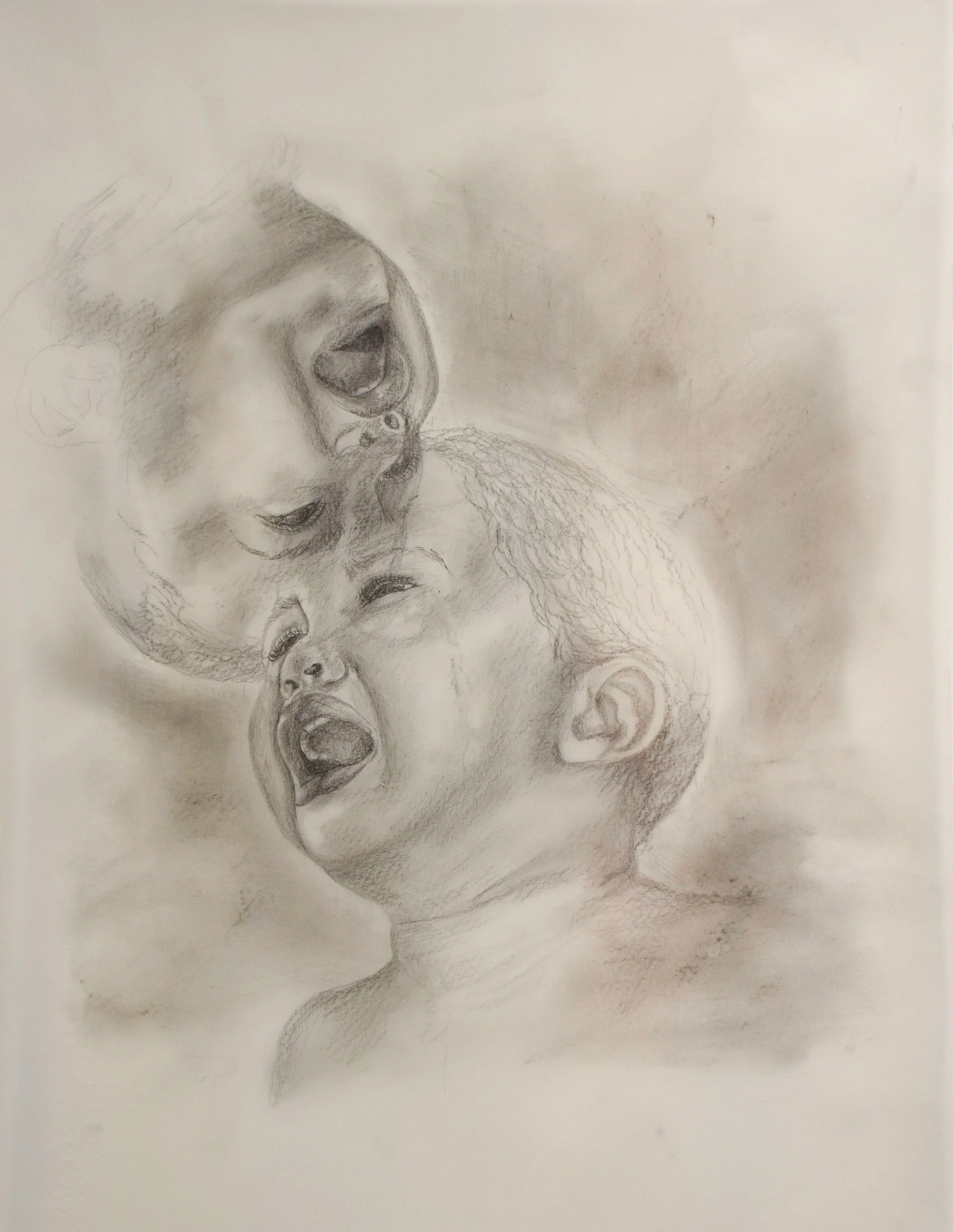 A pencil sketch of two children with their mouths open, possibly singing or shouting, with one child being older and the other younger.