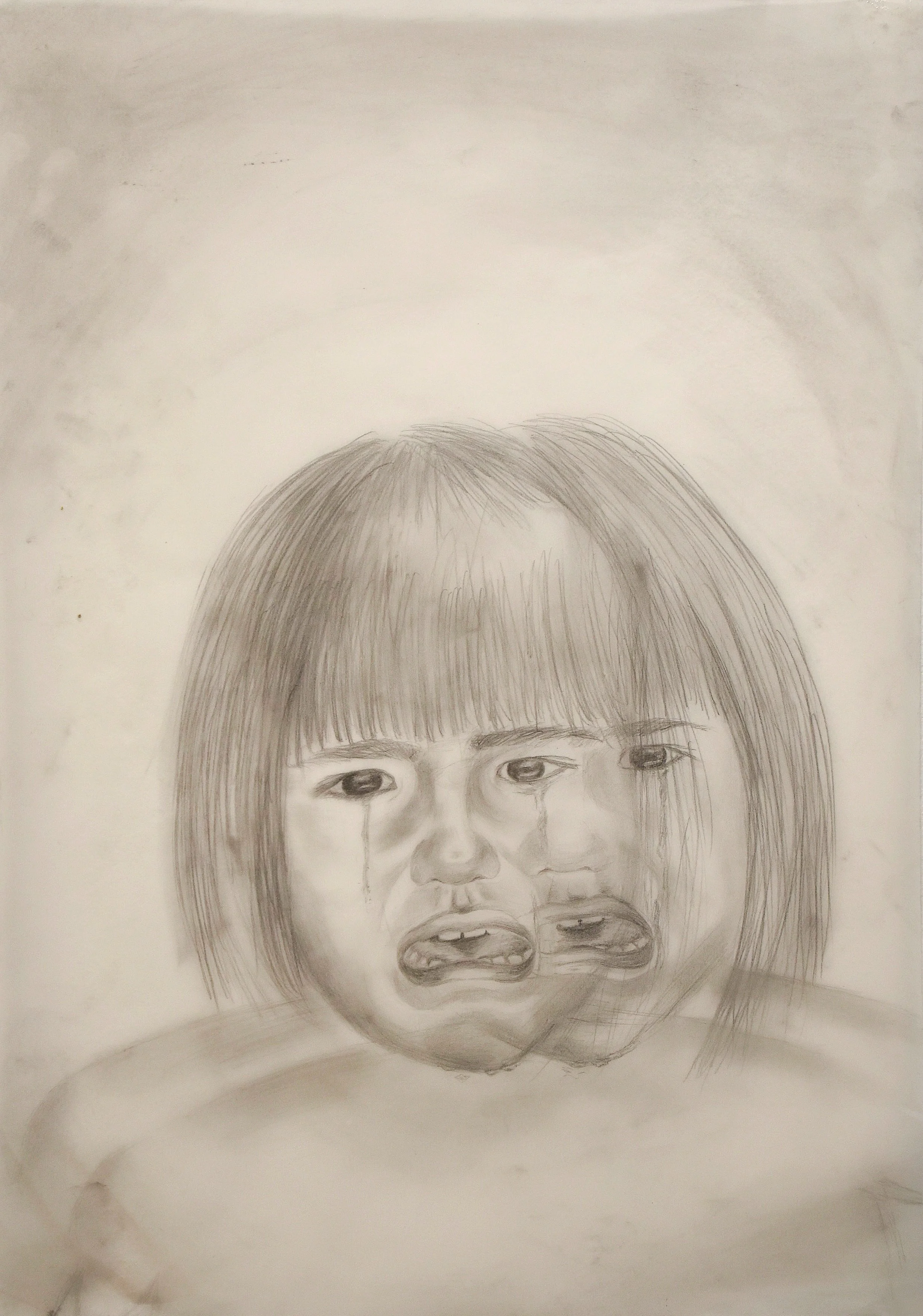 A pencil sketch of a young girl with straight hair and bangs, showing a distorted, crying face with tears and an expression of pain or distress.