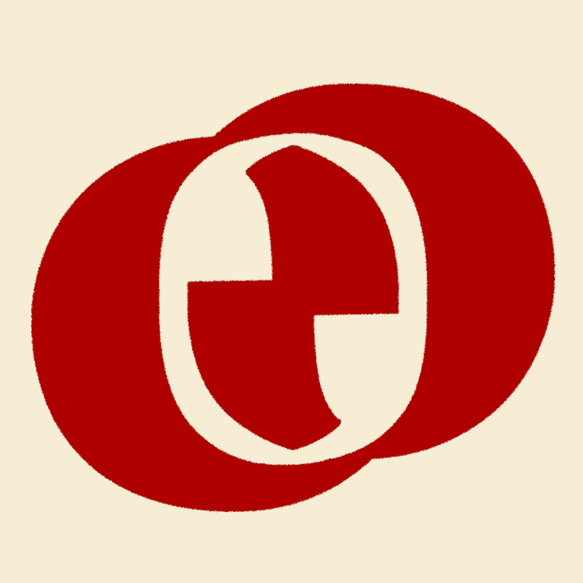 Red and white symbol resembling a beer mug on a beige background.