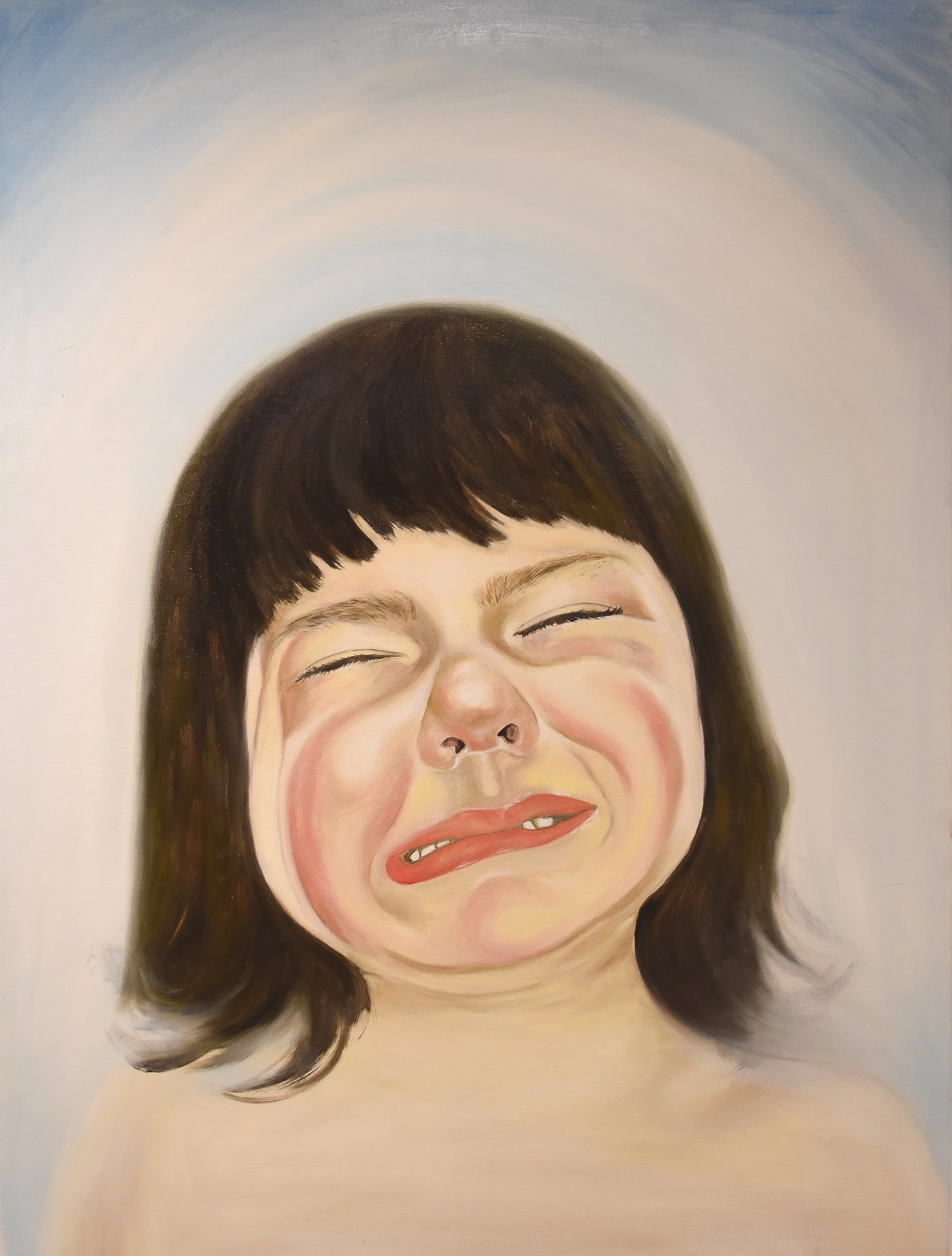 A painting of a young girl with dark hair making a distressed facial expression.