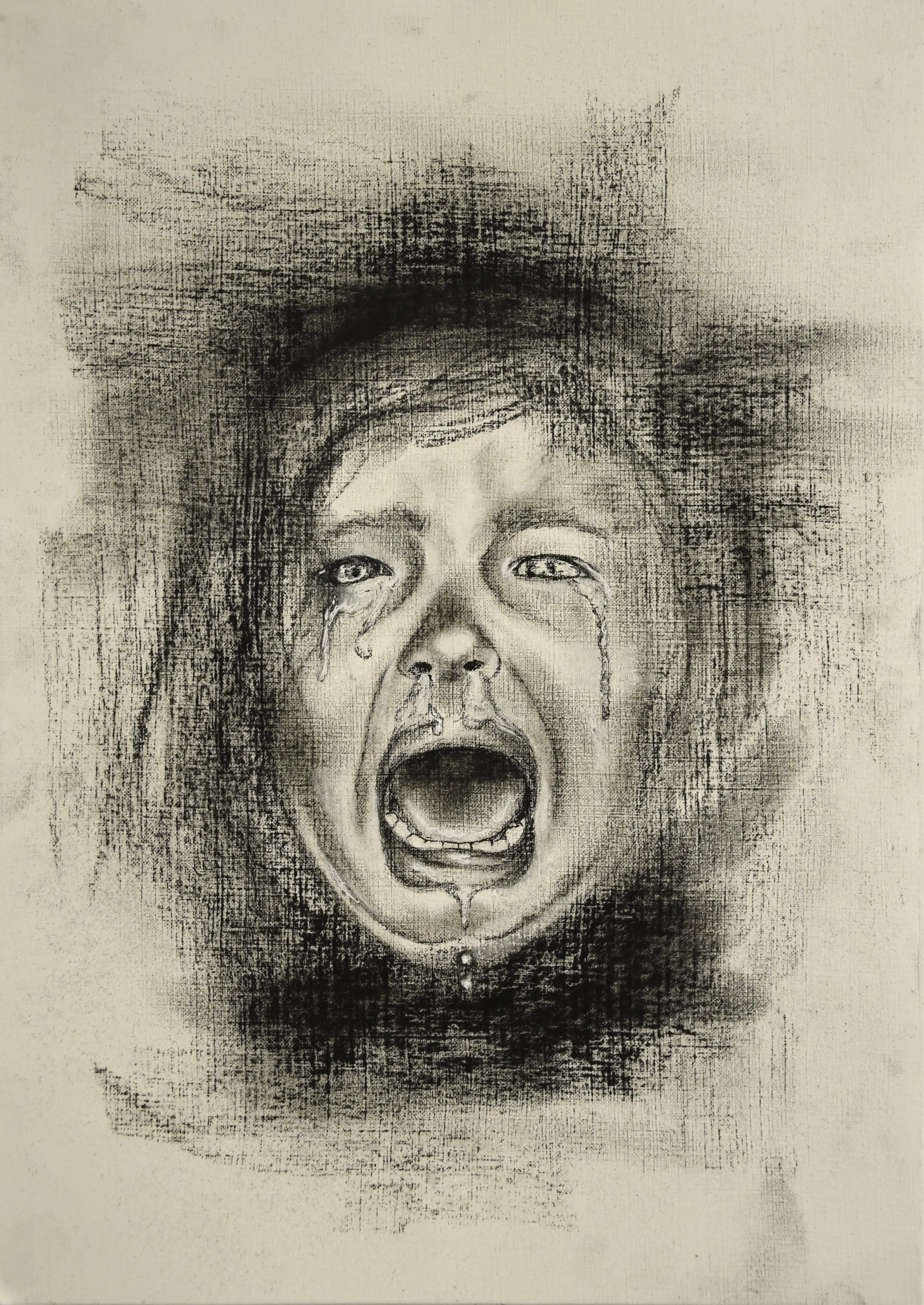 A pencil sketch of a woman screaming with tears streaming down her face, mouth wide open, and eyes wide open.