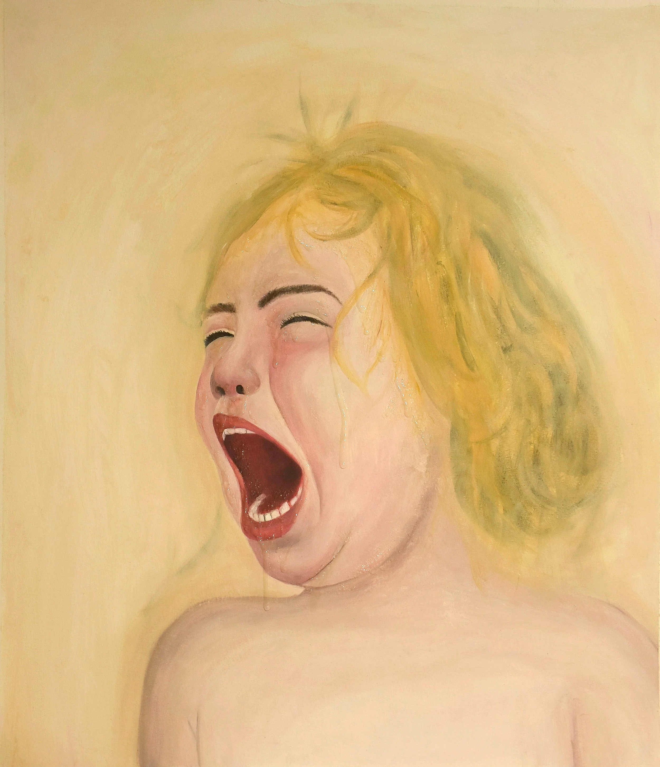 A painting of a woman with blonde hair, her head tilted back, mouth wide open as if yelling or screaming, with tears on her face and a neutral background.