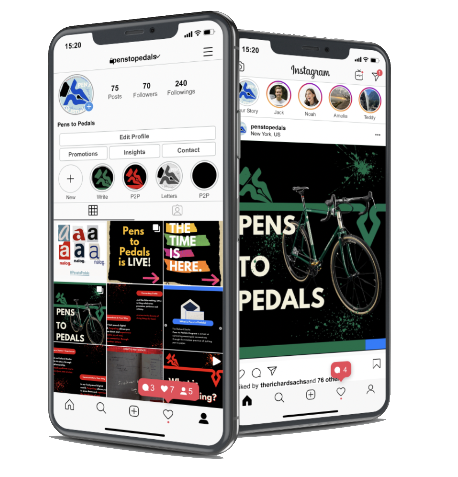 Two iPhones displaying social media profiles and posts related to a brand called Pens to Pedals, featuring images of a bicycle and promotional graphics.