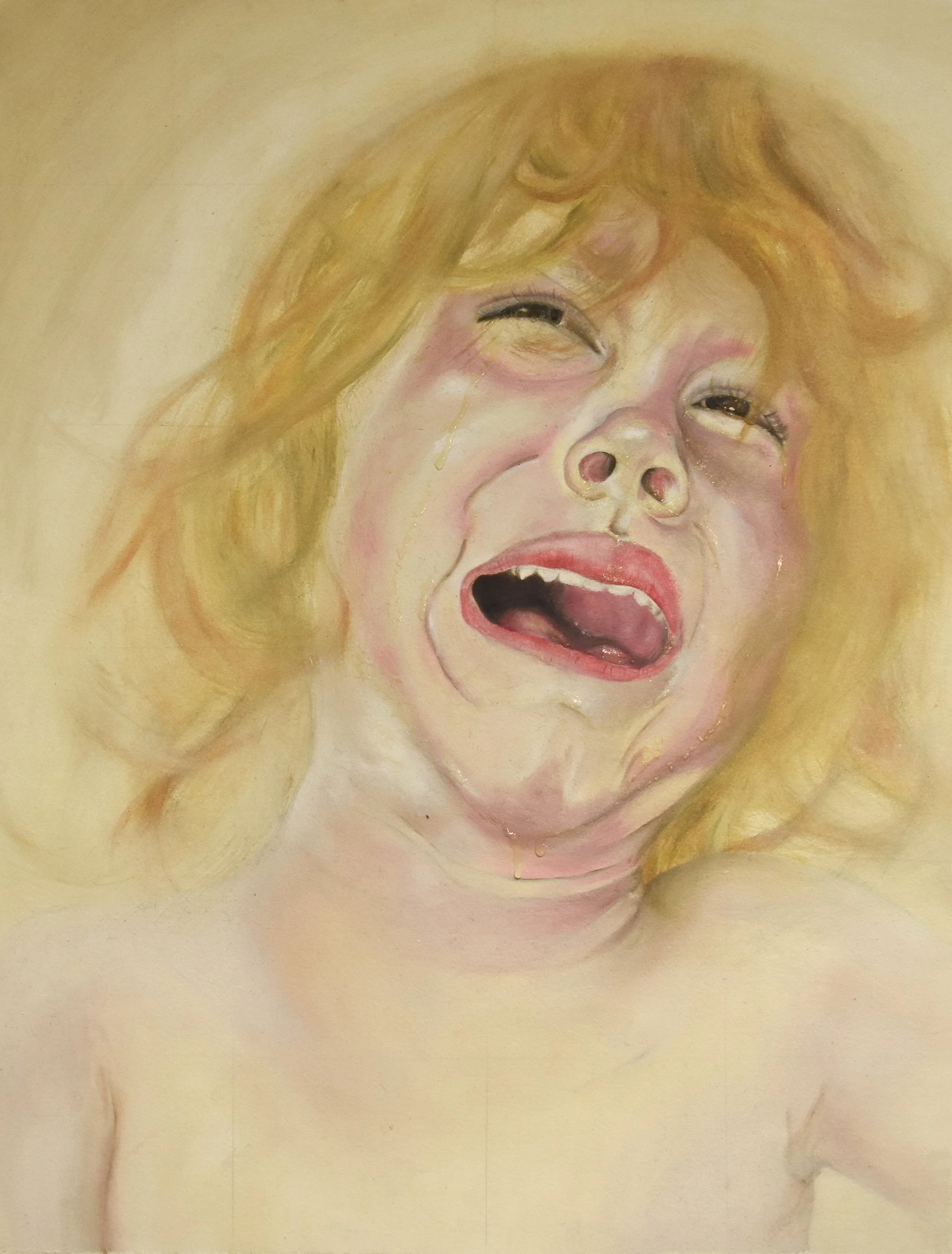 A painting of a crying person with blonde hair, mouth open, and tears running down face, depicted in a realistic style.