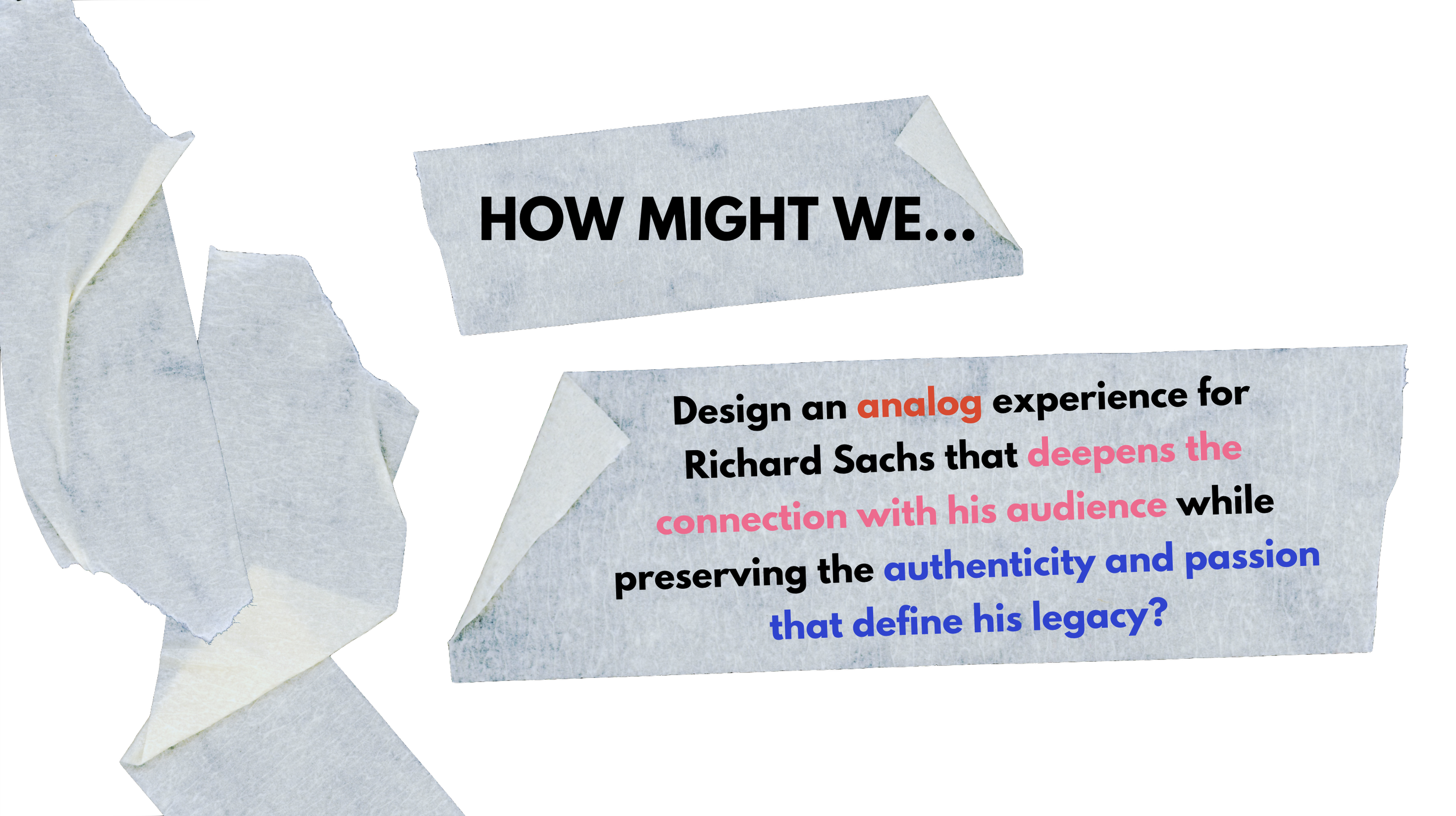 Collage of torn paper with text about designing an analog experience for Richard Sachs, emphasizing connection and authenticity.
