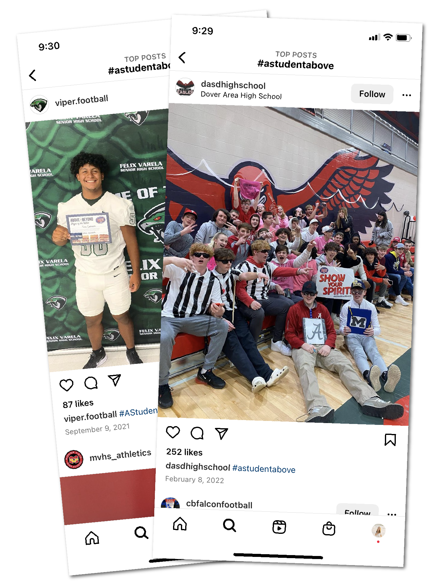 Two overlapping Instagram posts showing students engaged in school activities. The left post features a football player from Felix Varela Senior High School holding a certificate. The right post features a large group of students from Dover Area High School in a gymnasium, displaying school spirit with costumes and painted murals. Hashtag "#astudentabove" is visible on both posts.
