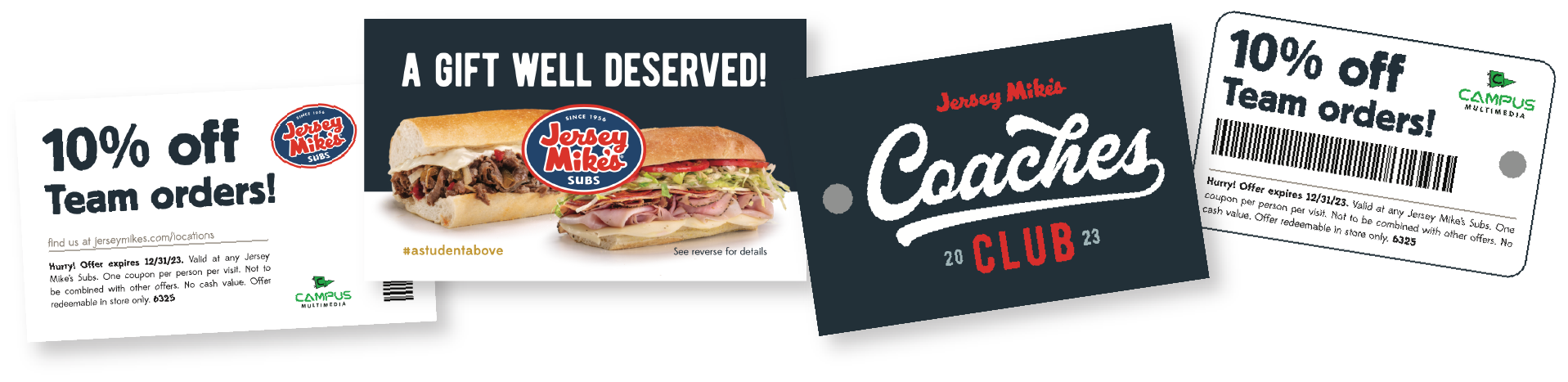 Promotional materials for Jersey Mike's Subs featuring a 10% off coupon for team orders, a gift card, and sandwiches image. Includes text about the Coaches Club and expiration details for offers.