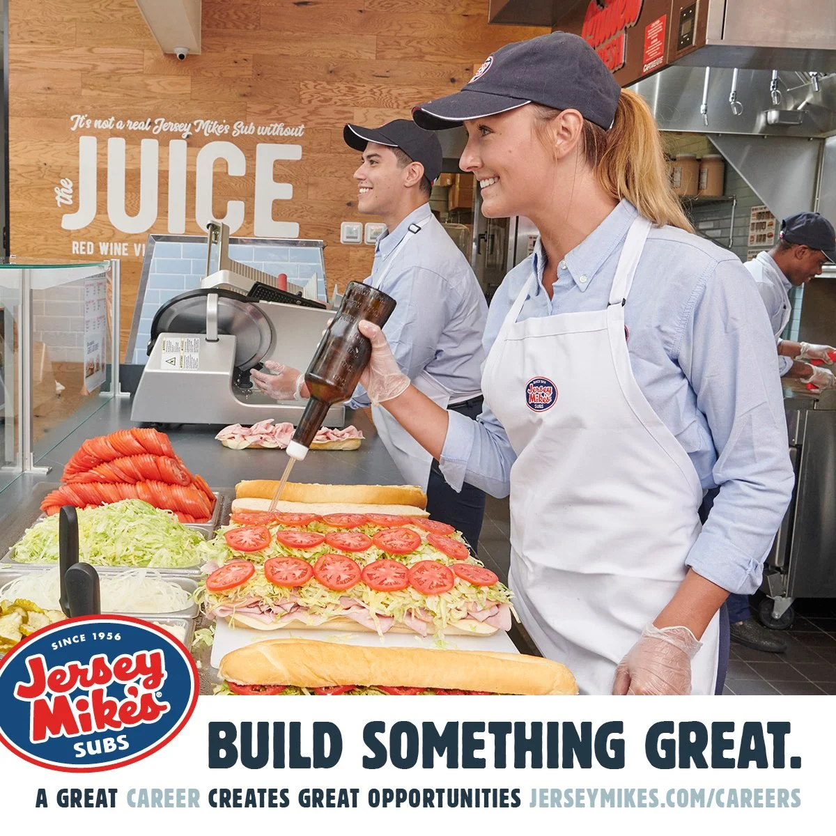 Jersey Mike's employees preparing subs with fresh ingredients; promotional text about career opportunities at Jersey Mike's.