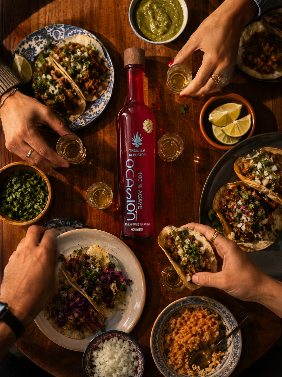 A top-down view of a dinner table with tacos, lime wedges, chopped onions, chopped cilantro, a bowl of rice, a bowl of salsa, a bottle of reposado tequila, and shot glasses, with four people holding shot glasses, preparing to toast.