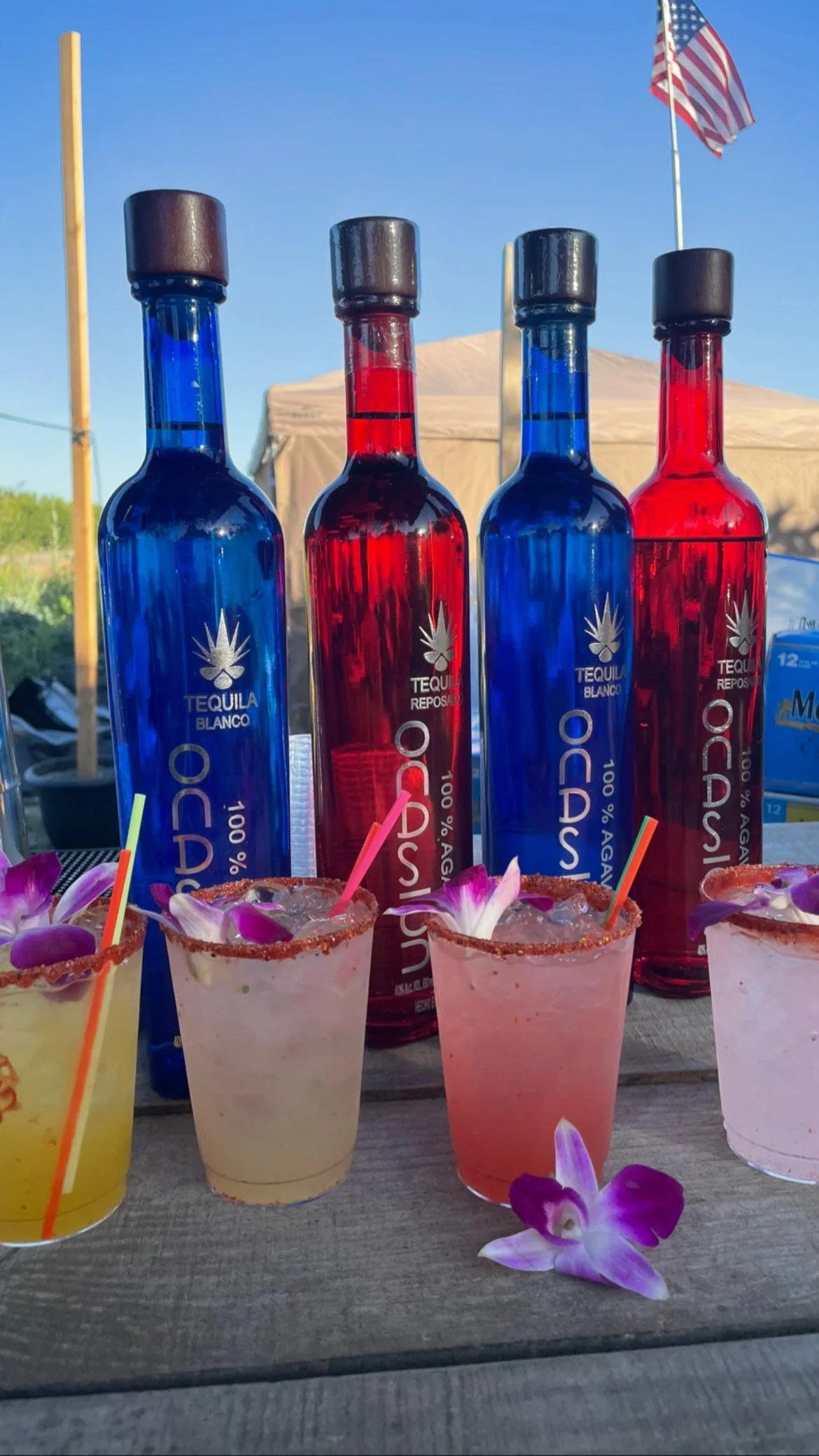 Four bottles of flavored tequila with blue and red bottles in the background, and four margaritas with flower garnishes in the foreground, on a wooden surface outdoors.