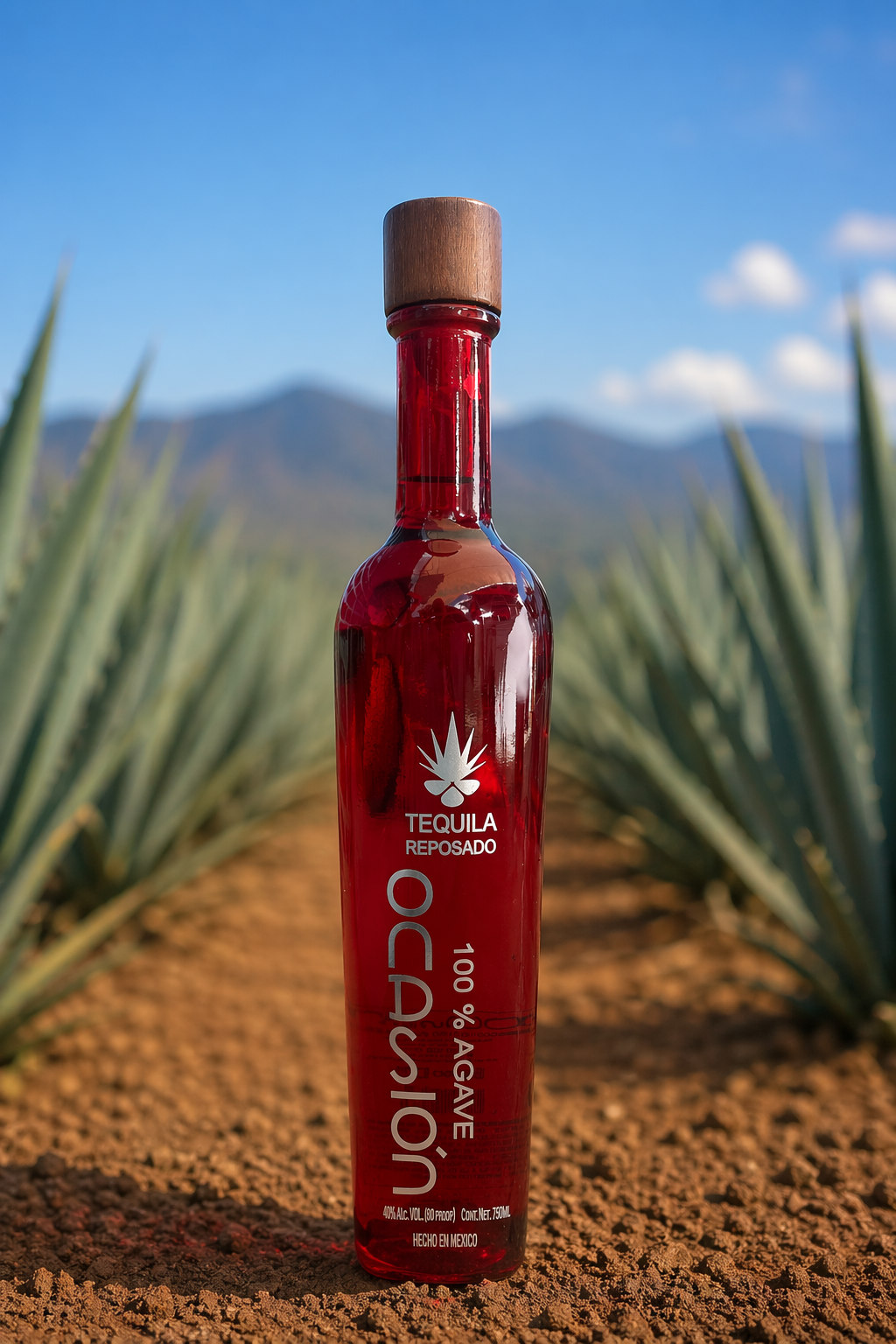 A red tequila bottle with a wooden cap, set outdoors on dirt among desert plants, with mountains and a blue sky in the background.