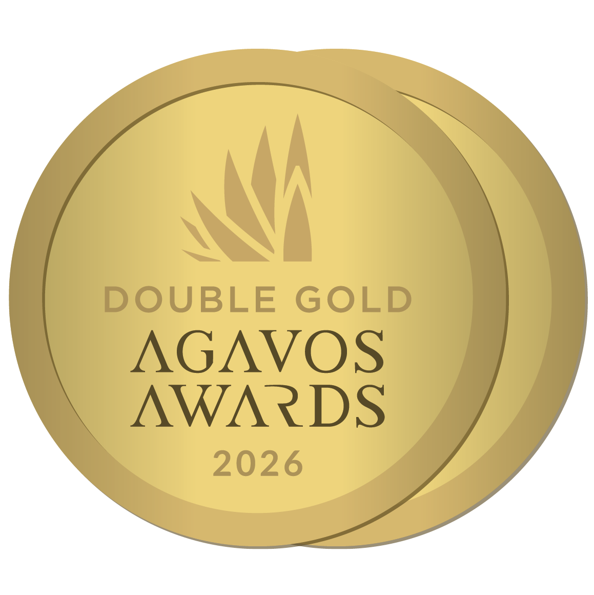 Gold medal featuring a leaf design, with the text 'Double Gold AGAVOS Awards 2026'
