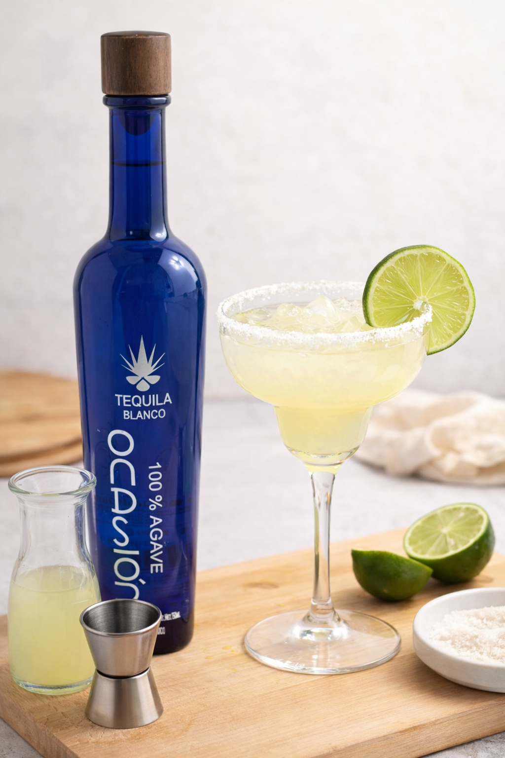 Four bottles of tequila, two with blue labels and two with red labels, are displayed behind four colorful cocktails garnished with orchid flowers and lined with colorful straws on a wooden table. The background shows a blue sky and a tent, with an American flag flying.