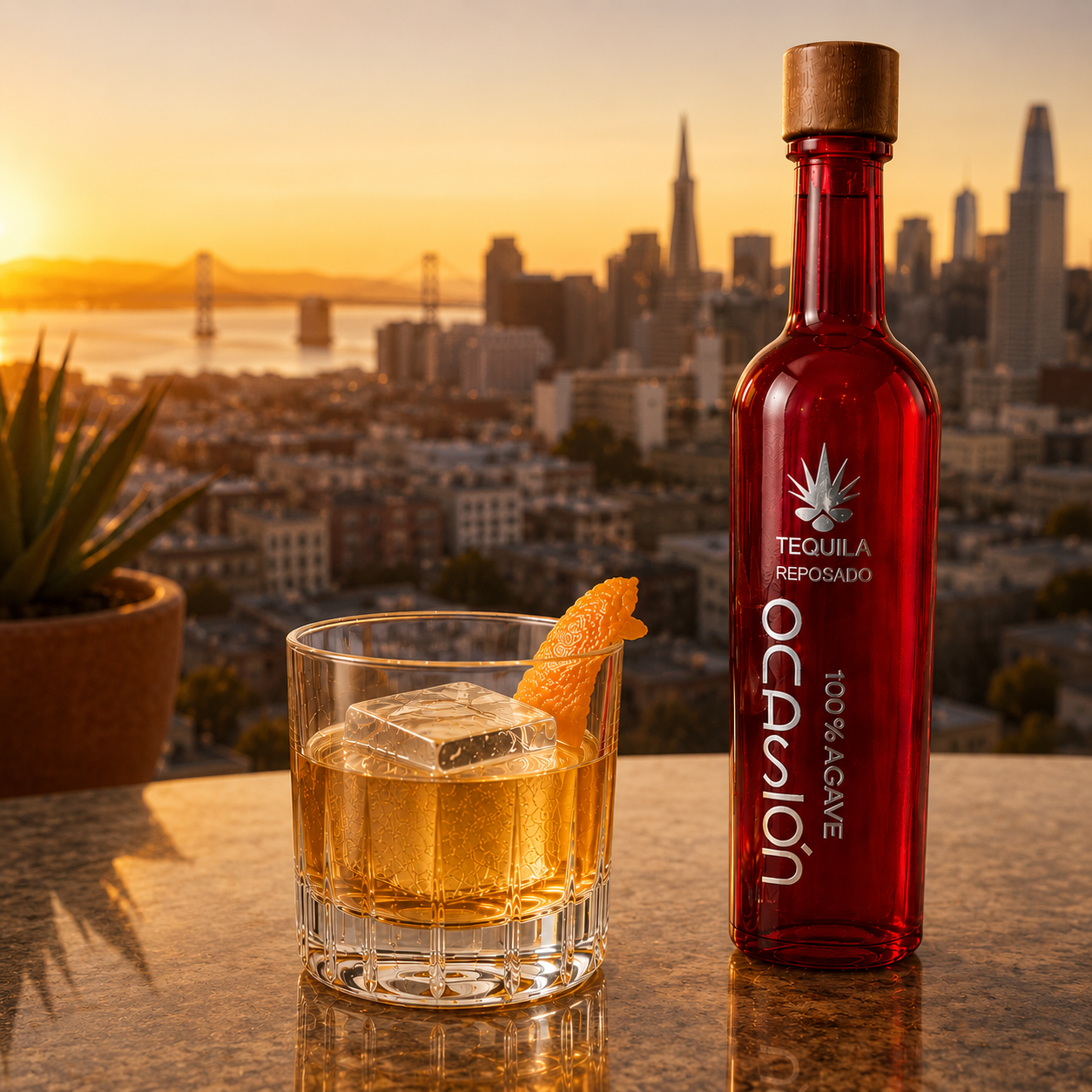 A glass of tequila on the rocks with a lemon peel garnish, and a bottle of Reposado tequila beside it, set on a table with a city skyline and sunset in the background.