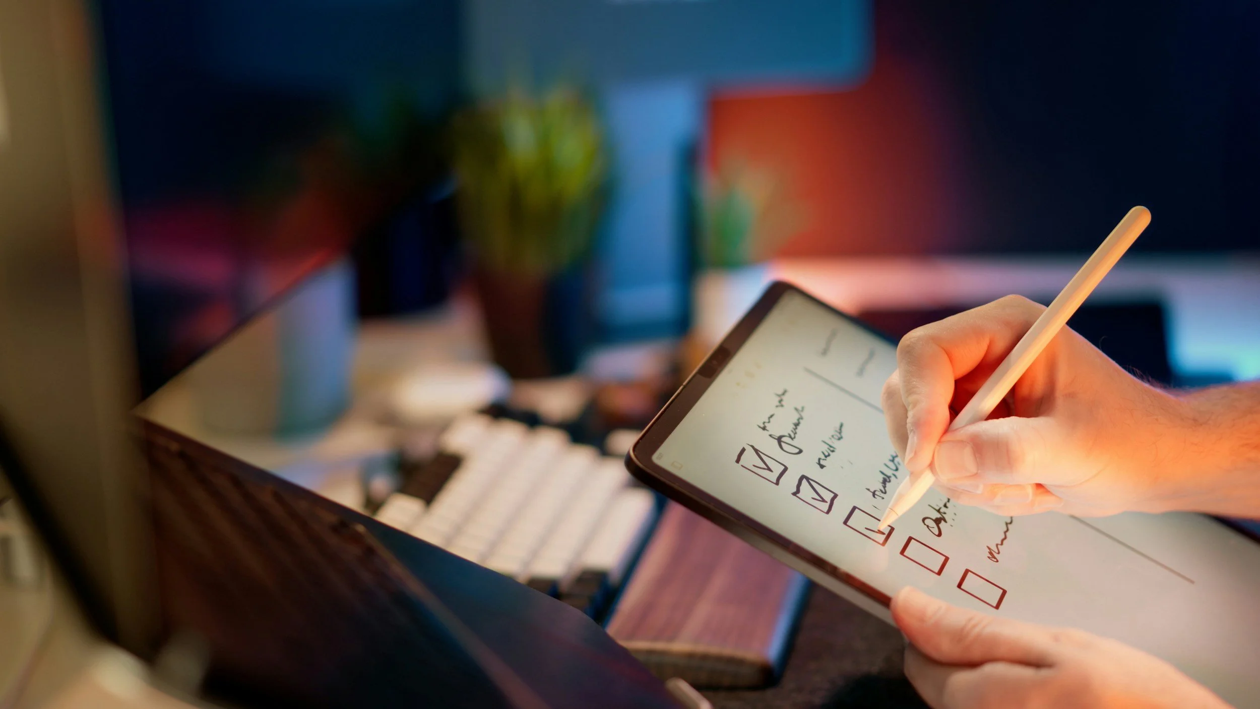Person using a stylus to check off tasks on a digital to-do list on a tablet in a dimly lit workspace.