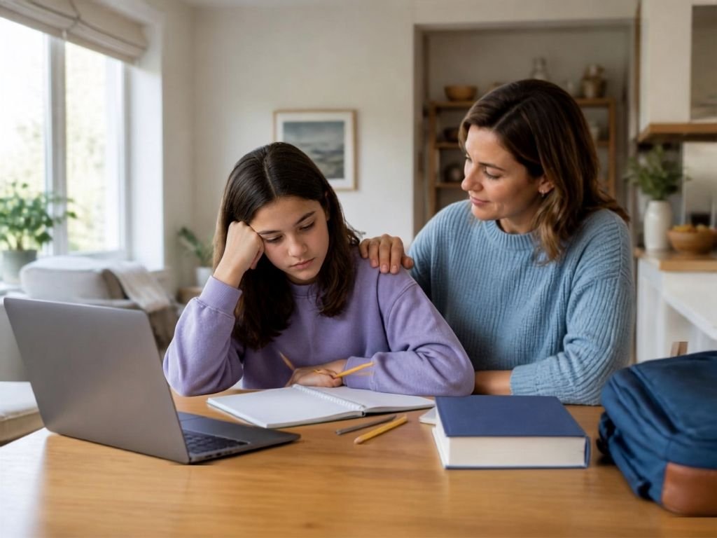Parent supporting a child with schoolwork during a difficult back-to-school transition.