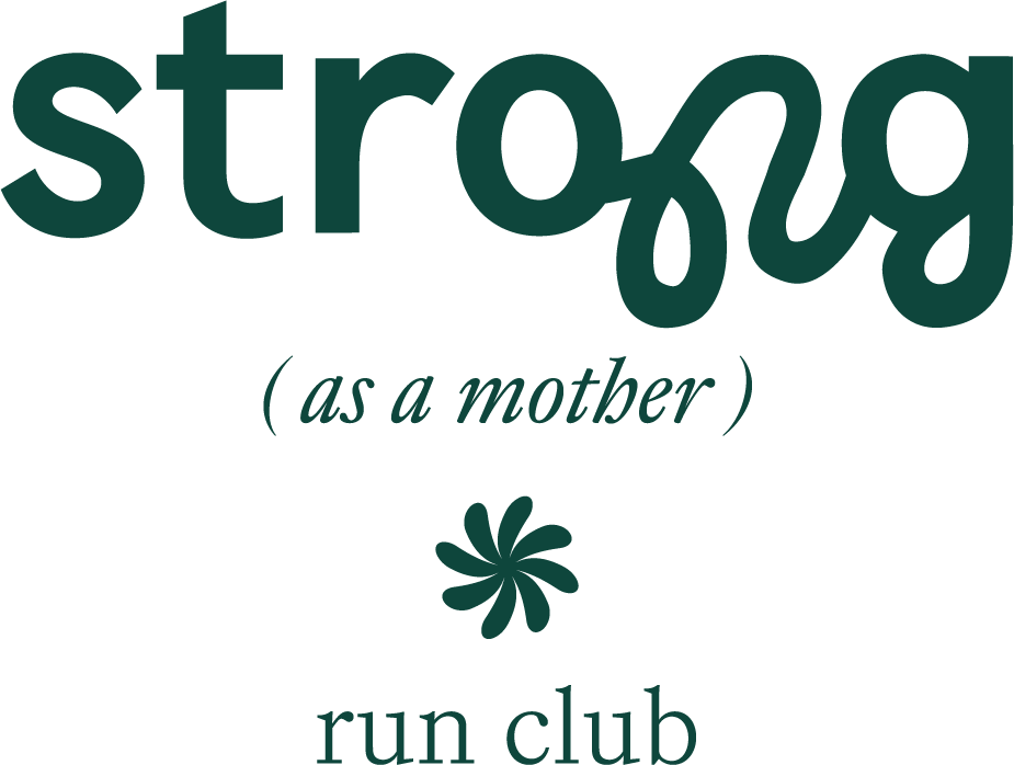 Text graphic with the phrase 'strolg' in large cursive font, '(as a mother)' in smaller italics, a flower graphic, and the words 'run club' at the bottom