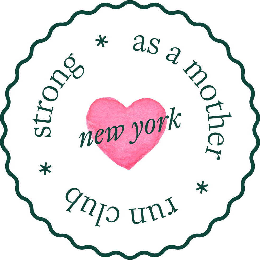 A circular logo with wavy edges featuring a pink watercolor heart in the center. Surrounding the heart, the text reads "two as a mother, two as a daughter, new york, run club" in a circular pattern.