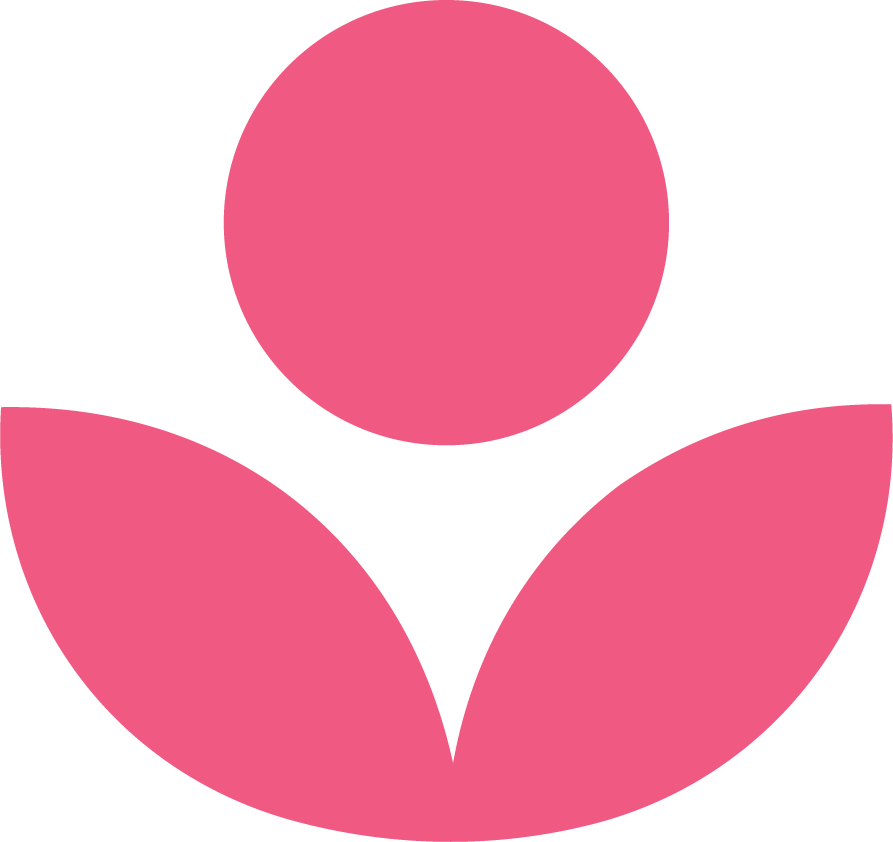 Pink circular shape above two pink leaf-like shapes, resembling a stylized flower