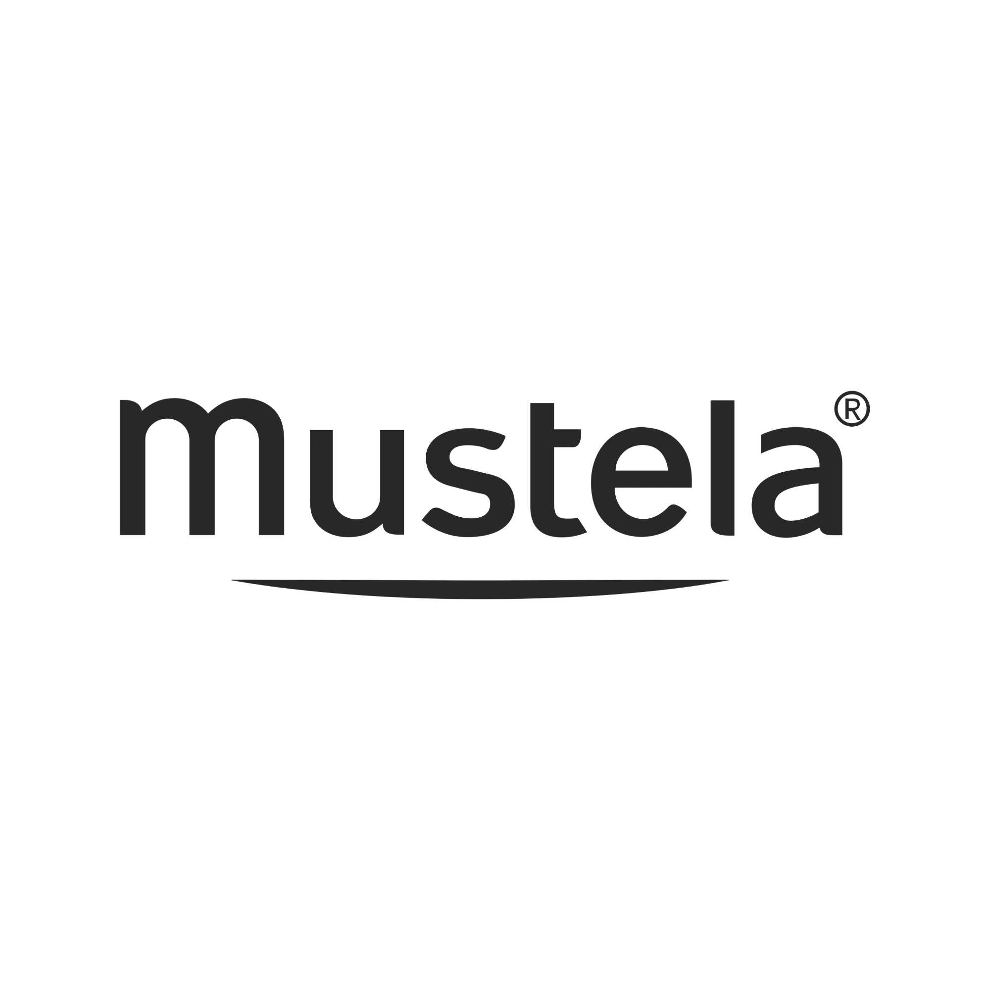 Black Mustela logo with stylized animal head and the word 'mustela' beneath it.