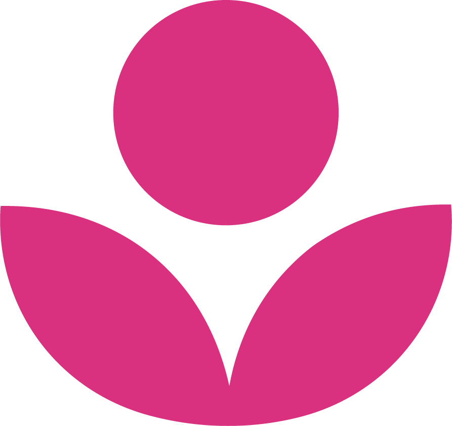 Simplified pink flower with a circular bloom on top and two petal-like leaves below.