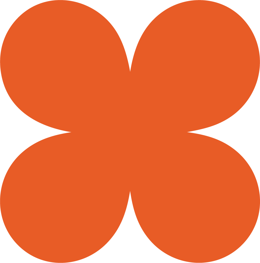 A stylized, orange, four-petaled flower with rounded petals.