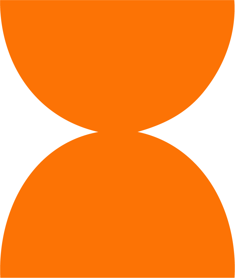 The image shows two large orange shapes that resemble abstract hourglasses or symmetrically mirrored halves of a circle against a black background.