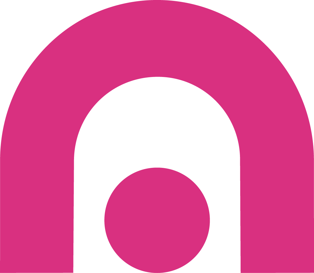 Graphic with pink abstract arch and circle design.
