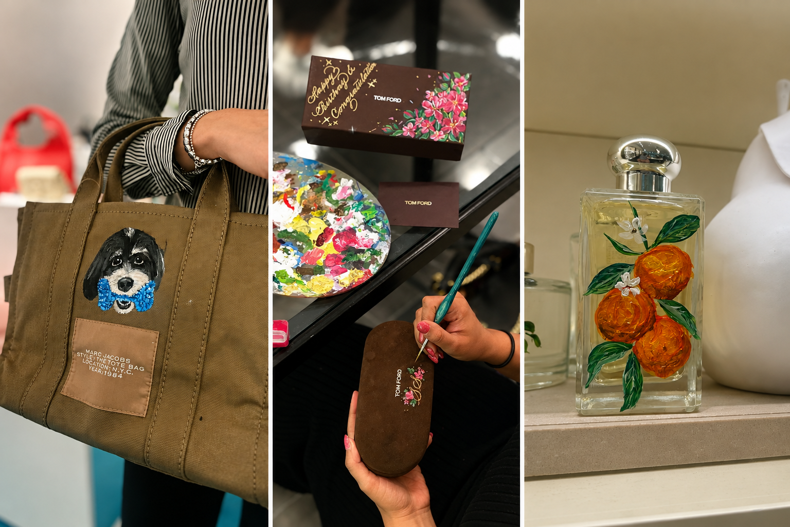 Live hand-painted personalization on Marc Jacobs and Tom Ford products, including a tote bag, accessory case, and fragrance bottle