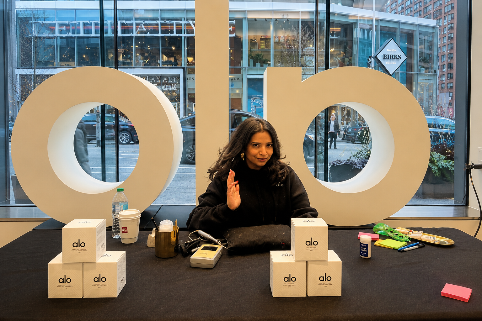Live personalization artist at an ALO Yoga retail event offering custom shoe painting, sneaker personalization, and luxury gifting activation for an experiential marketing campaign.