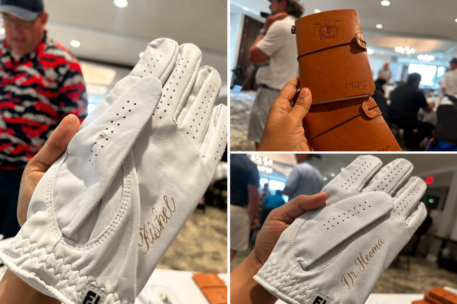 Live personalization at a corporate golf tournament featuring custom engraved golf gloves and personalized leather notebooks by Caloswords, creating memorable guest experiences through on-site calligraphy and personalization.