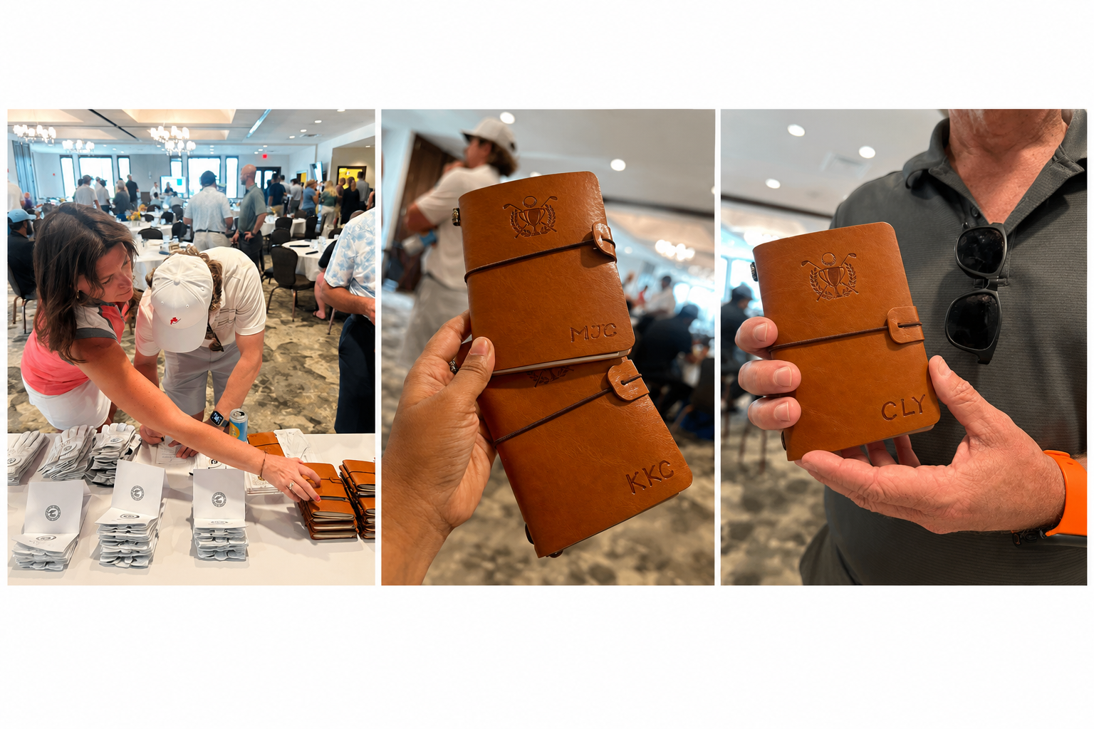 Collage of personalized leather notebooks customized live at corporate conferences, trade shows, executive events, and employee appreciation programs.