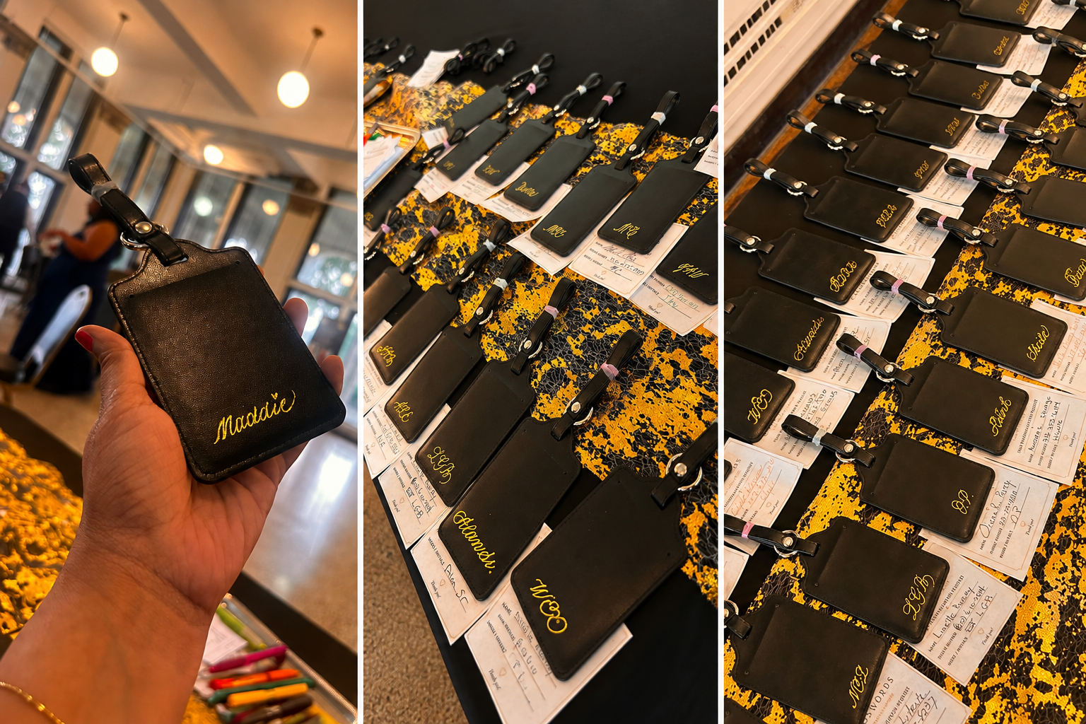 Guests proudly displaying personalized leather luggage tags and interacting with a live leather foiling station during a Detroit corporate event, where custom luggage tags were personalized on-site.