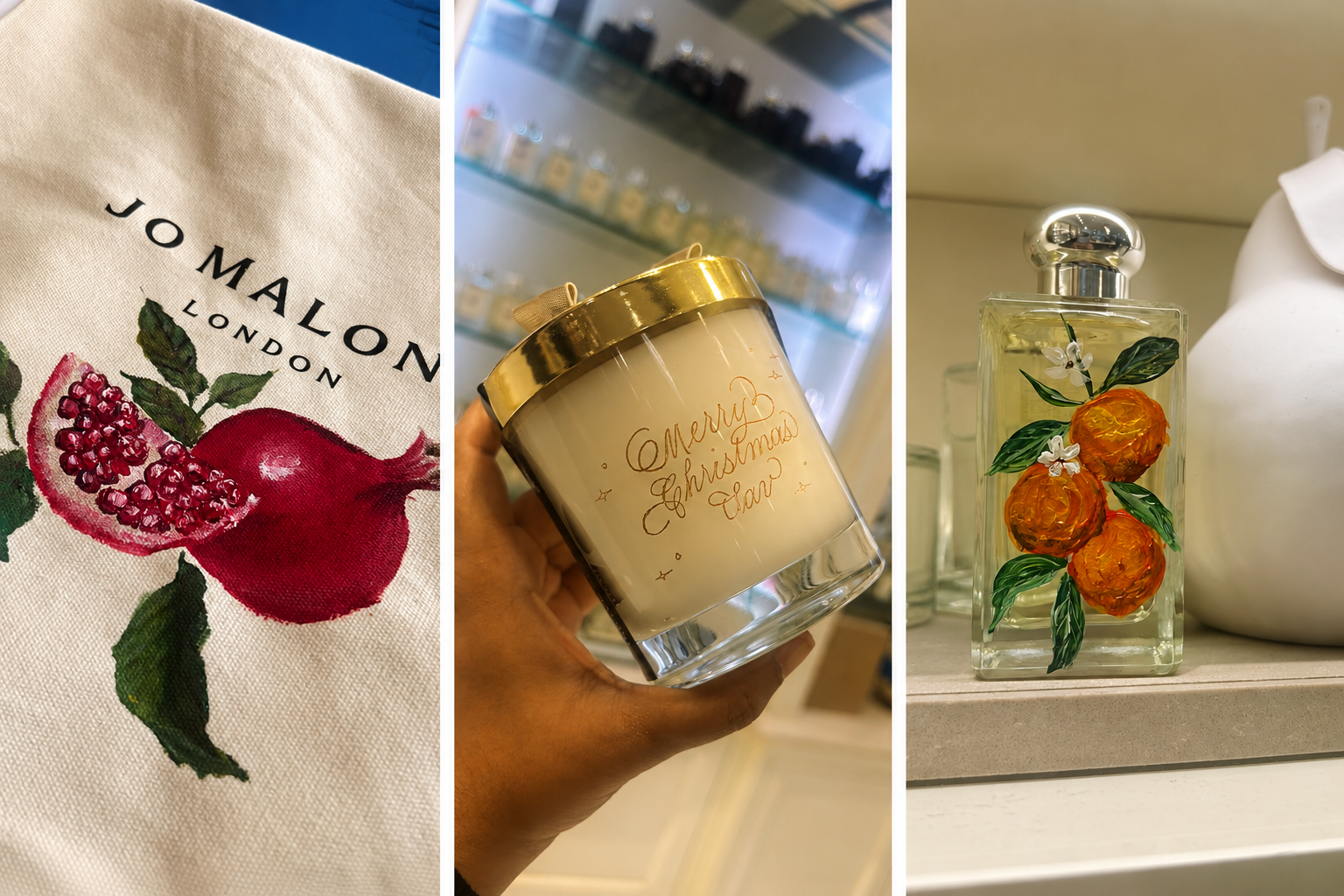 Collage featuring Jo Malone London live personalization including hand-painted fragrance bottles, luxury candle customization, and custom-painted canvas tote bags created during in-store luxury retail events and brand activations.
