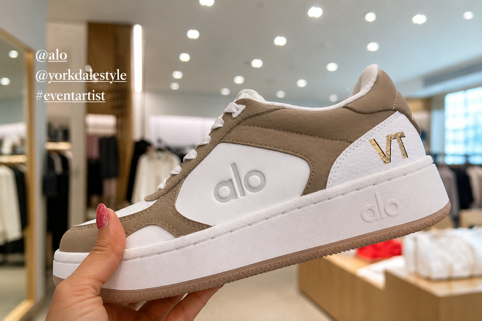 ALO Yoga sneaker personalized with gold initials during a live shoe personalization experience at a luxury retail brand activation and experiential marketing event.