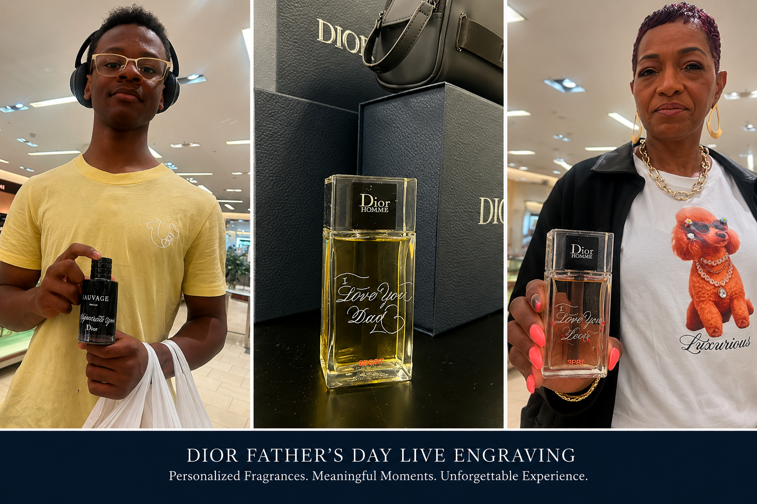 Dior Father’s Day live engraving activation featuring customers with personalized Dior fragrances and a hand-engraved Dior Homme bottle