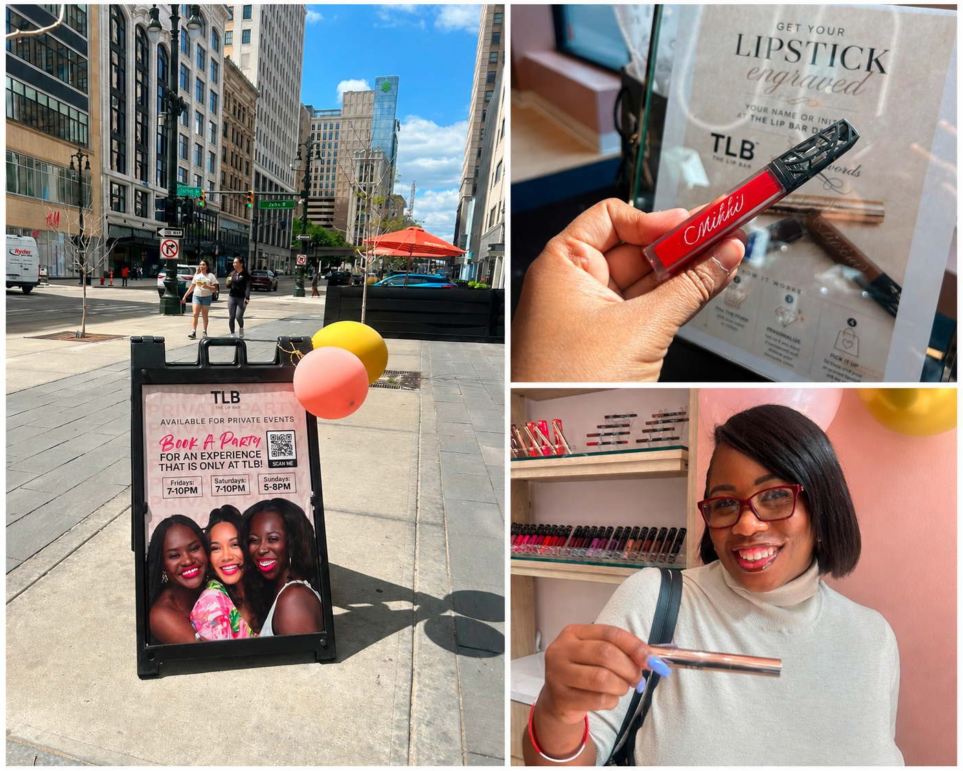 Collage of live lipstick engraving at The Lip Bar Detroit during National Lipstick Day, featuring personalized lip products, guests, and the live personalization experience.