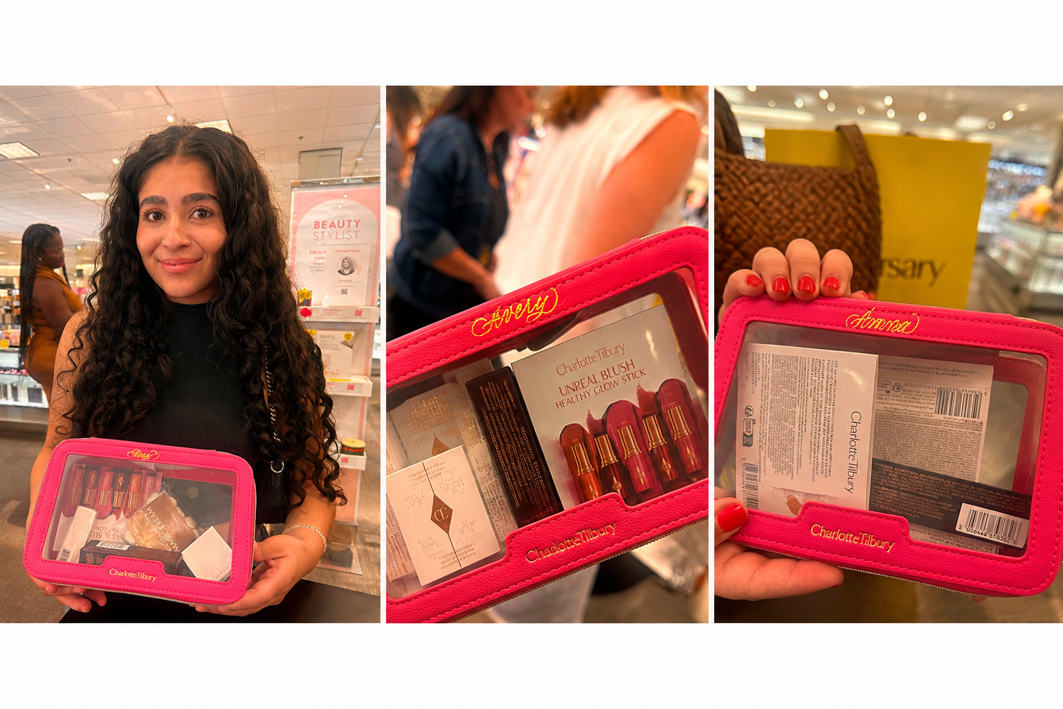 collage featuring a Charlotte Tilbury customer holding a personalized makeup pouch alongside two close-up images showcasing live gold foil name personalization by caloswords.