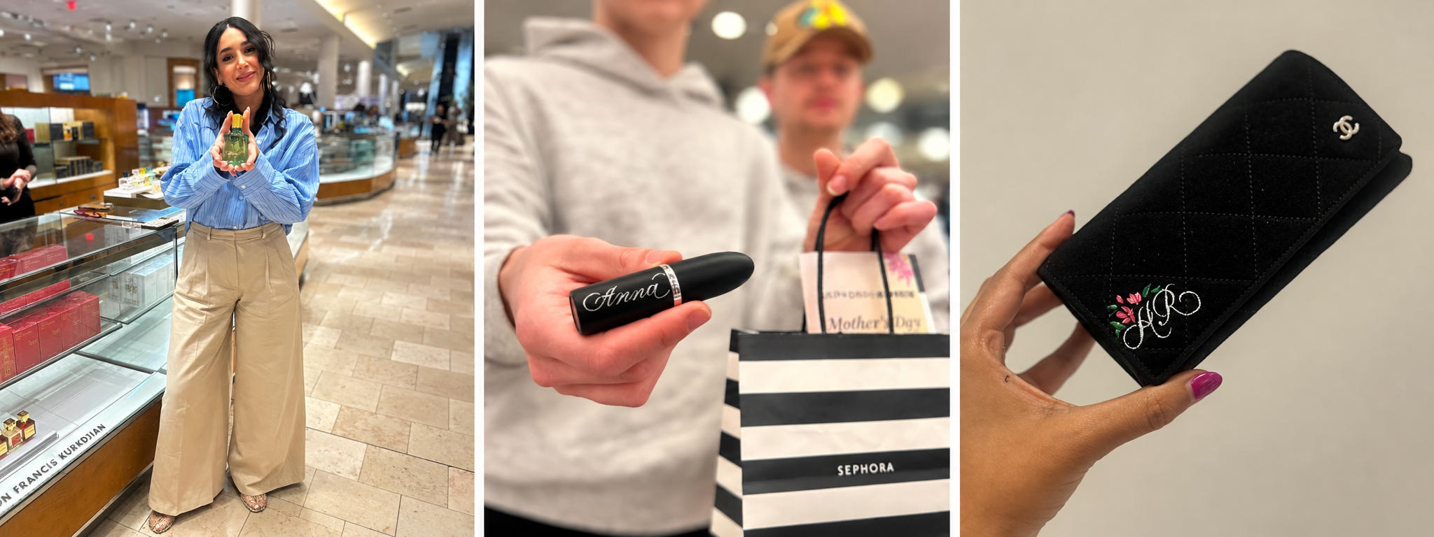 Personalized fragrance bottles and hand-lettered holiday gifts created during luxury retail activations