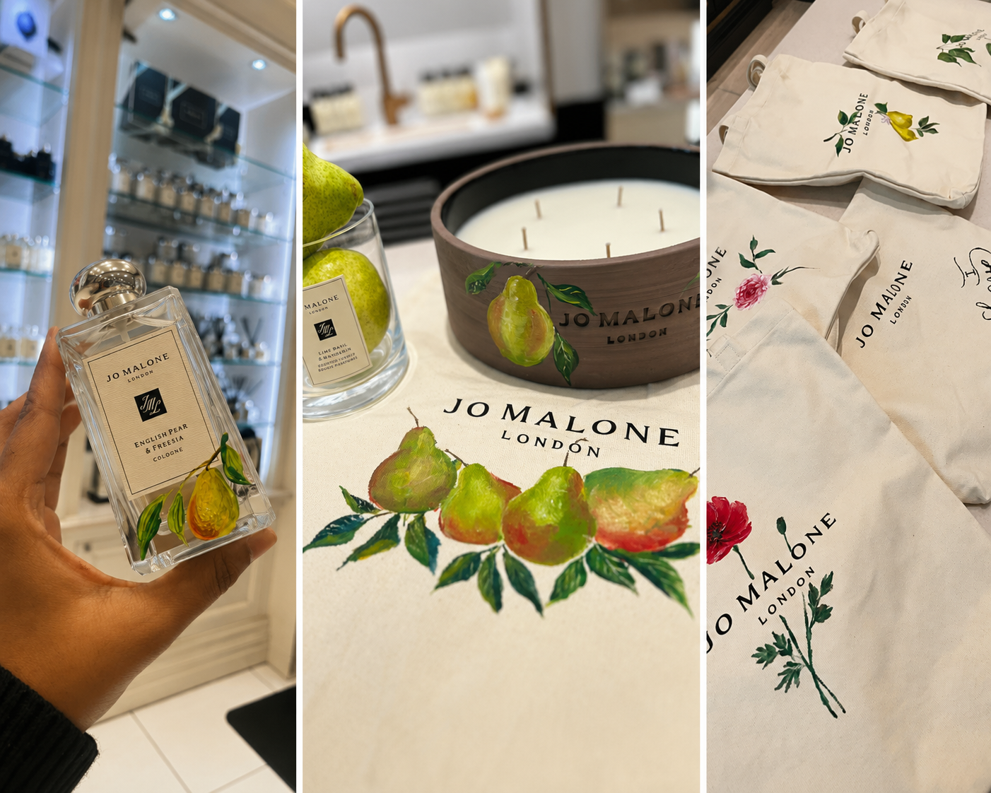 Jo Malone London live personalization collage featuring hand-painted perfume bottles, luxury candle painting, and custom canvas tote bags created during experiential marketing events and luxury retail brand activations.