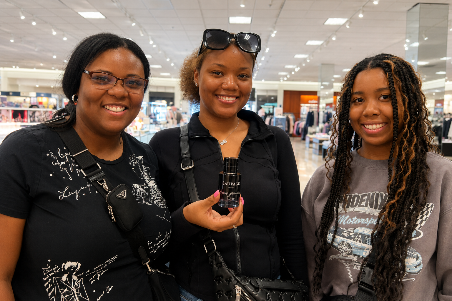 Customers holding a personalized Dior Sauvage fragrance bottle after a live engraving experience during a Father's Day luxury retail event in Detroit by Caloswords.