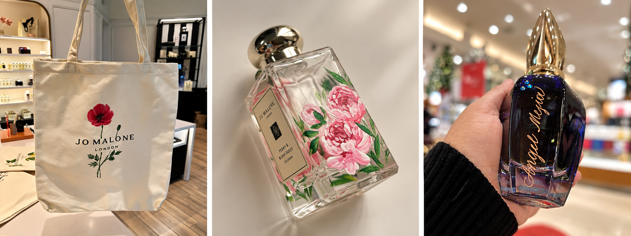 Live personalization examples for luxury retail activations including hand-painted fragrance bottles, custom tote bags and personalized perfume bottles