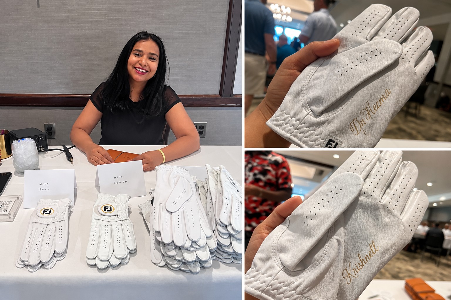Collage of live golf glove personalization at a corporate golf tournament, featuring custom engraved golf gloves, the Caloswords personalization station, and premium guest experiences during a corporate event.