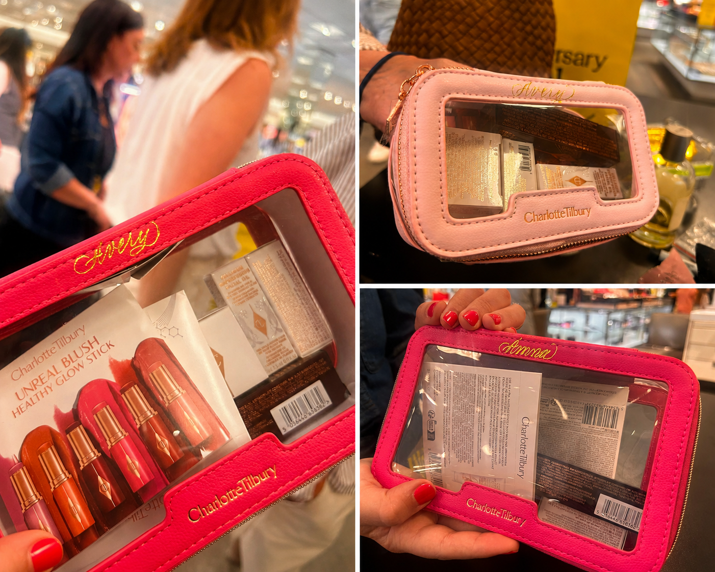 Live gold foiling personalization on Charlotte Tilbury makeup bags during a luxury retail activation