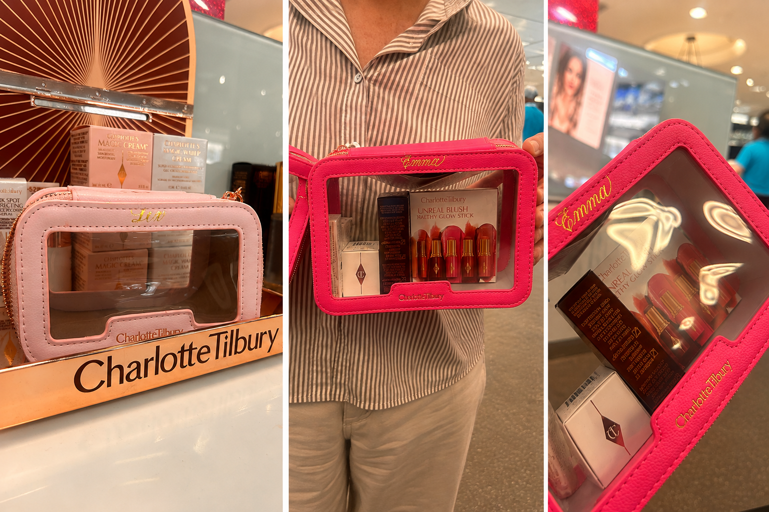Horizontal collage of three Charlotte Tilbury makeup pouches personalized with live gold foil names during an in-store luxury beauty event, showcasing custom cosmetic bag personalization by caloswords.