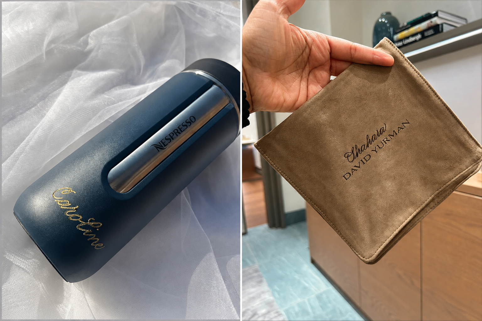 Luxury corporate giveaway personalization ideas featuring a custom engraved Nespresso travel mug and a personalized David Yurman suede pouch, ideal for corporate events, conferences, executive gifting, and brand activations.