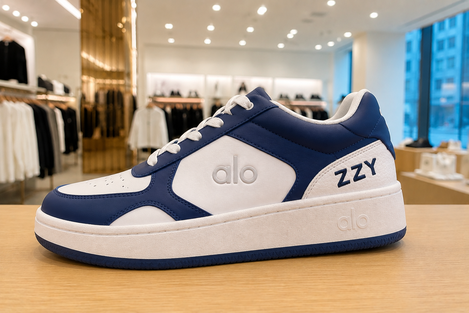 Personalized ALO Yoga sneaker with custom initials created during a live sneaker customization experience for a luxury retail brand activation and sporting event activation.