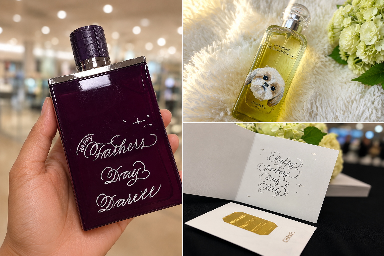 Luxury retail personalization featuring live fragrance engraving, hand-painted perfume bottles, and custom calligraphy