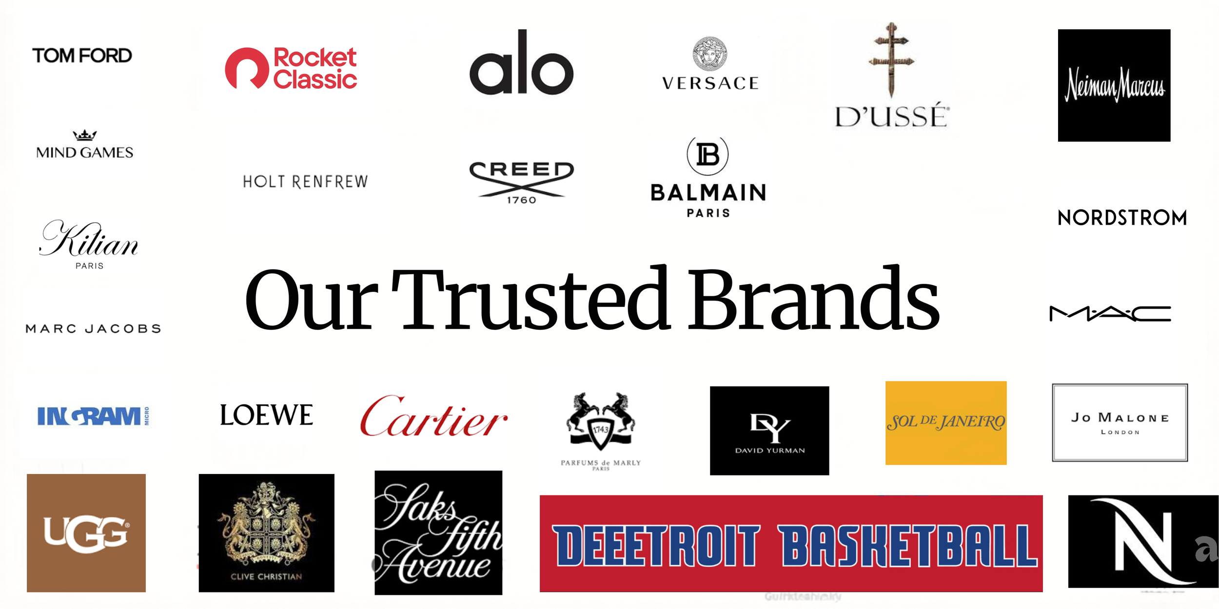 A collage of various brand logos surrounding the central text 'Our Trusted Brands.' Logos include names like Tom Ford, Rocket Classic, alo, Versace, Neiman Marcus, Macy's, Nordstrom, Marc Jacobs, CLIVE CHRISTIAN, UGG, Cartier, Jo Malone, and others, on a white background.